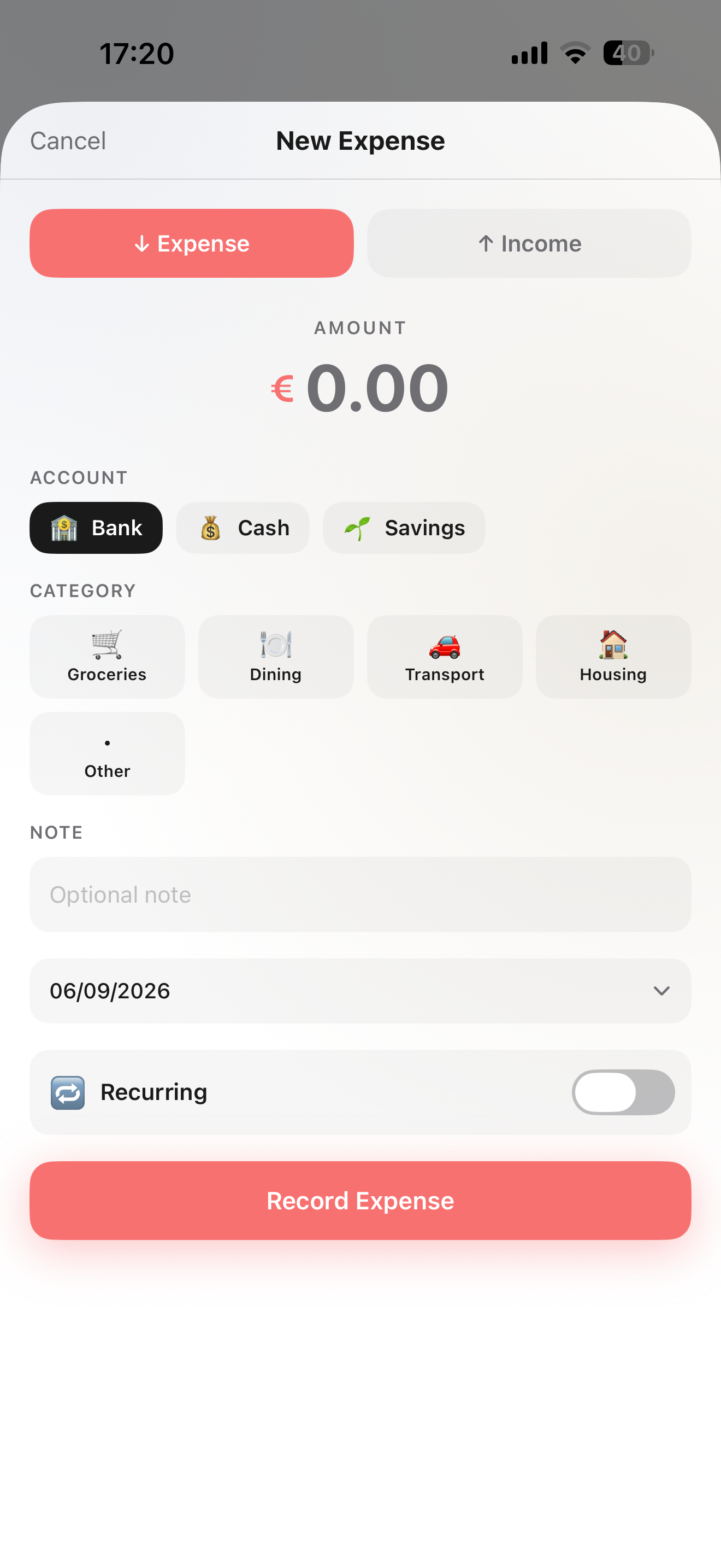 Add a new expense with account and category picker