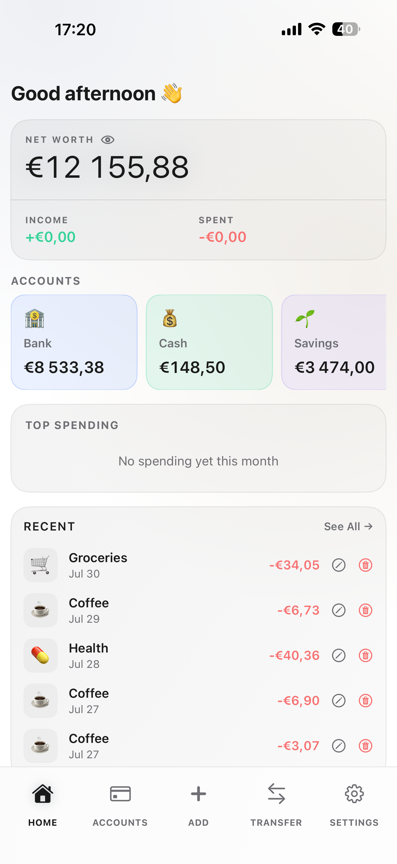 Dashboard: net worth, accounts, and recent activity