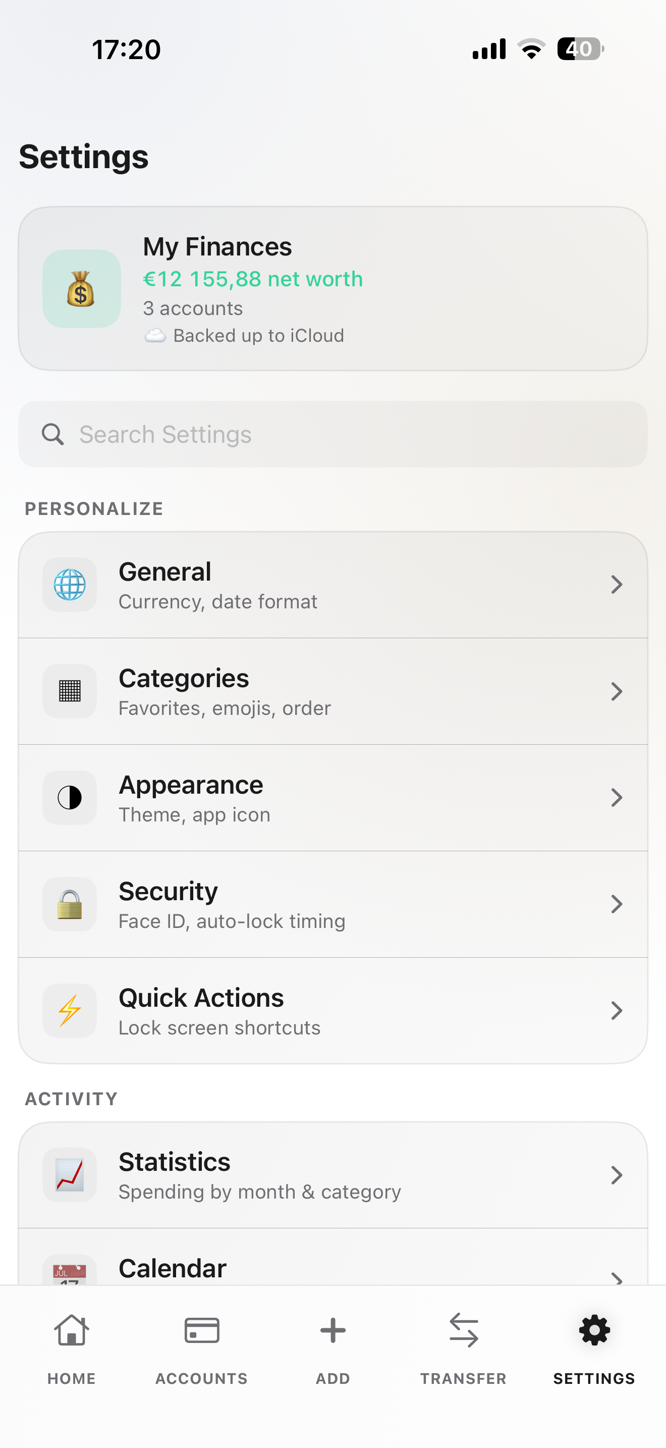 Settings: currency, categories, appearance, and security