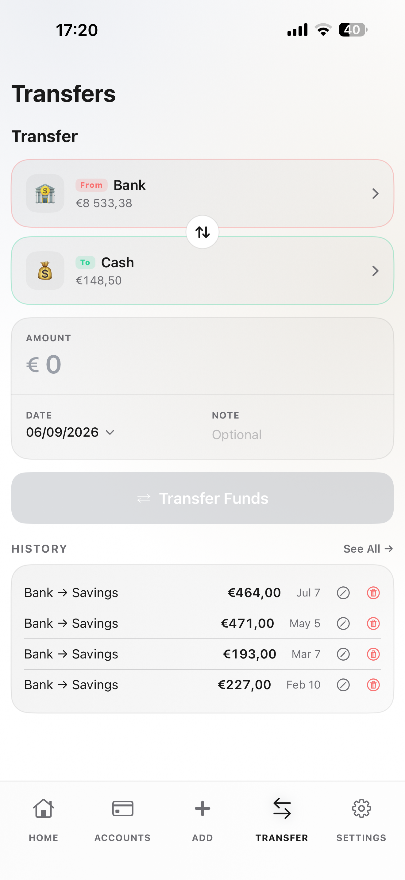 Transfer screen moving funds between accounts